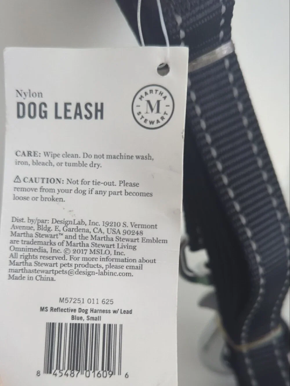 Martha Stewart Black Nylon Dog Leash with White Reflective Stitching